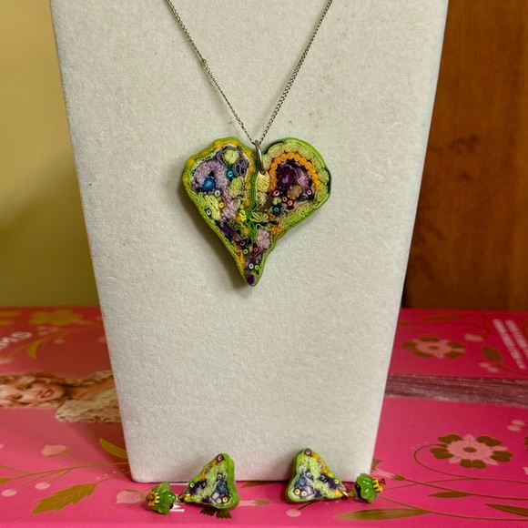 Artisan Jewelry - Artisan 14K Gold Handmade Fiber Art Signed Heart Pendant Necklace & Earrings